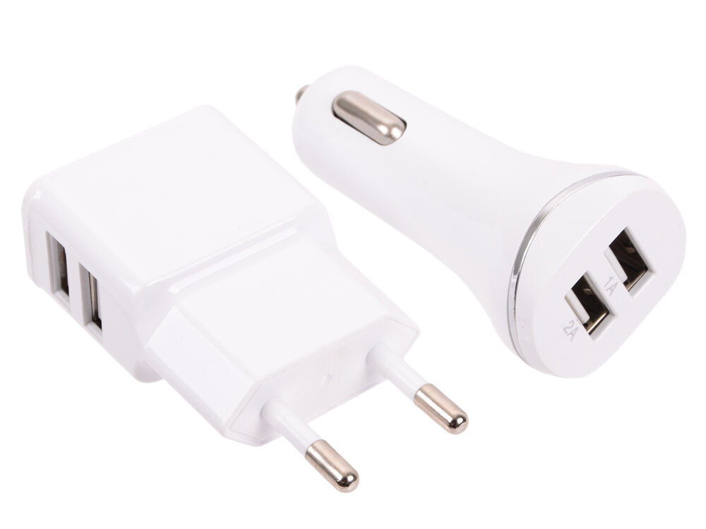 Зарядное устроиство USB комплект от сети и в авто Gmini GM-MC-001-2USB, c кабелем USB на микро USB и Apple Lightning, с 2 USB портами, белый