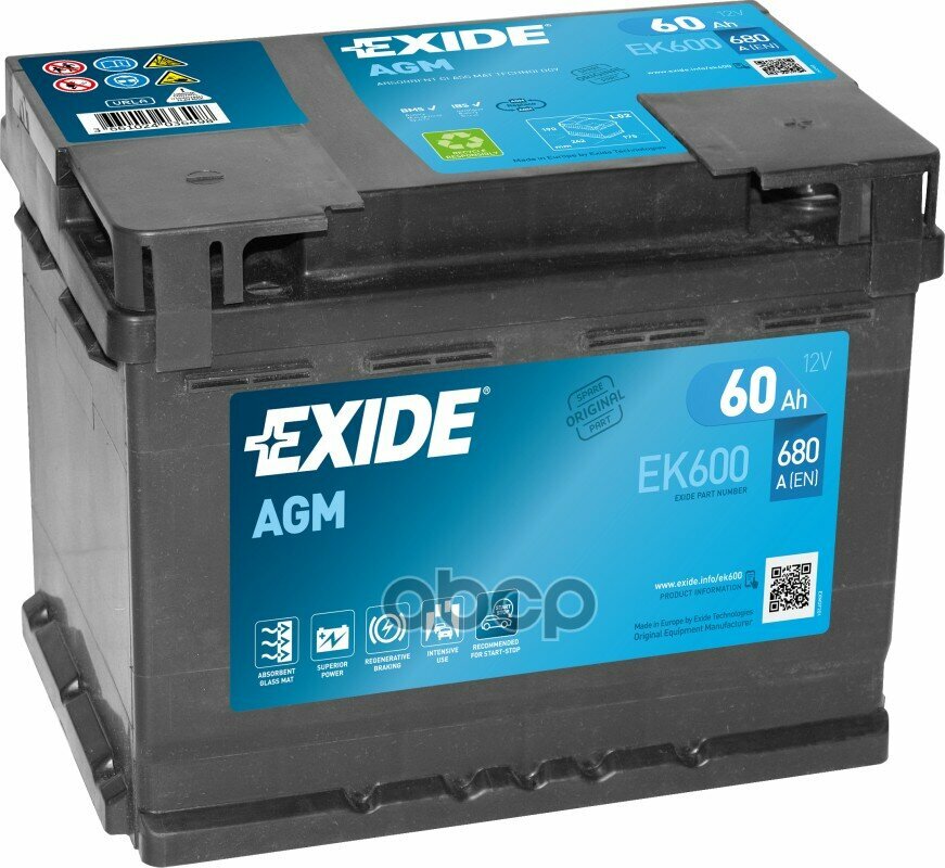 Exide Ek600 Agm_аккумуляторная Батарея! 19.5/17.9 Евро 60Ah 680A 242/175/190 Agm EXIDE арт. EK600
