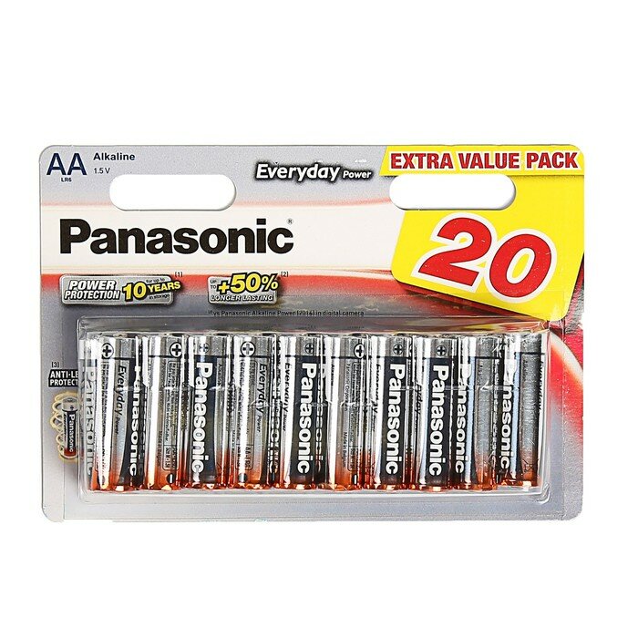 Батарейки Panasonic Батарейка алкалиновая Panasonic Everyday Power, AA, LR6-20BL, 1.5В, блистер, 20 шт.