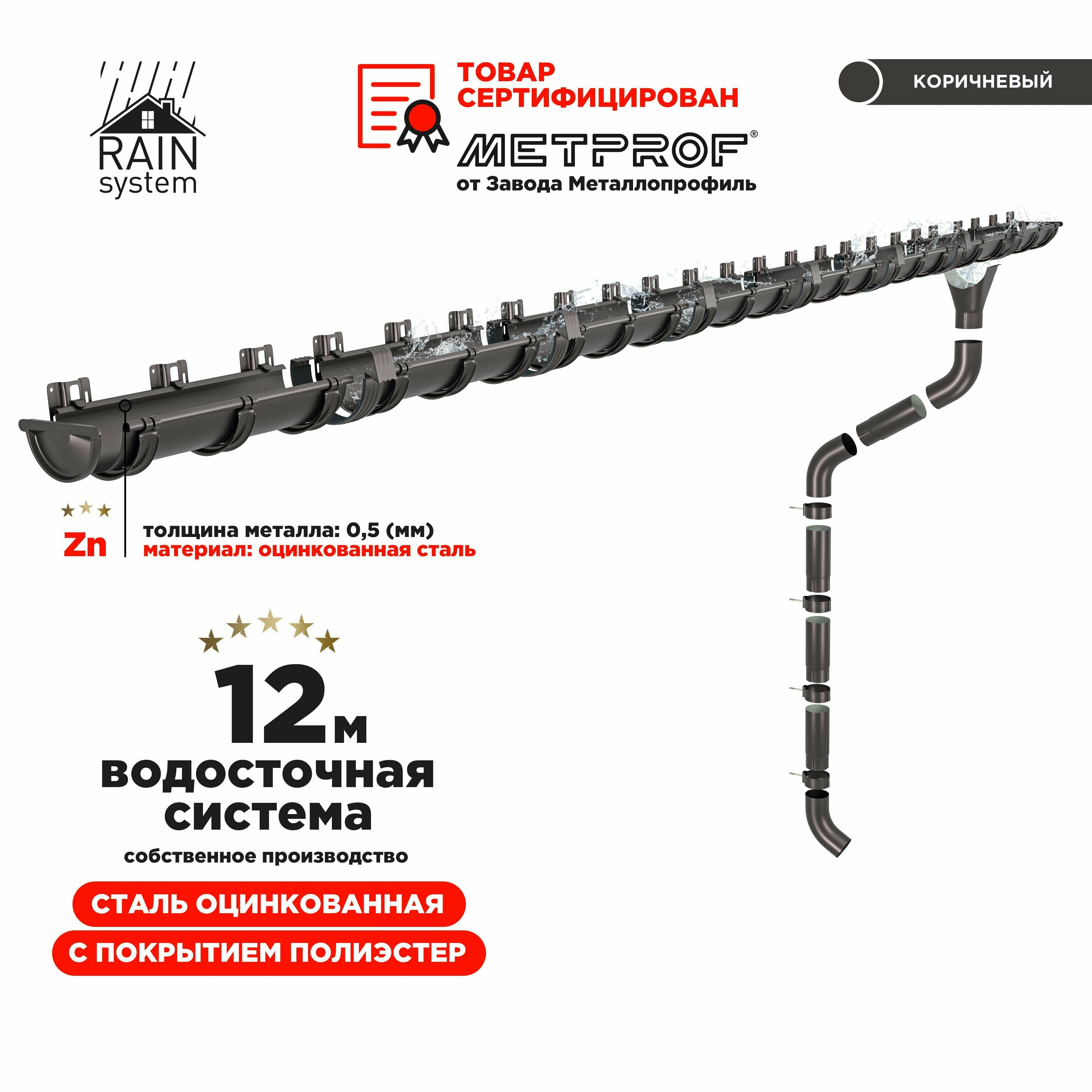 Водосточная система RAIN SYSTEM/ Комплект на 12 метров, цвет 8019/ RR 32 - фотография № 1