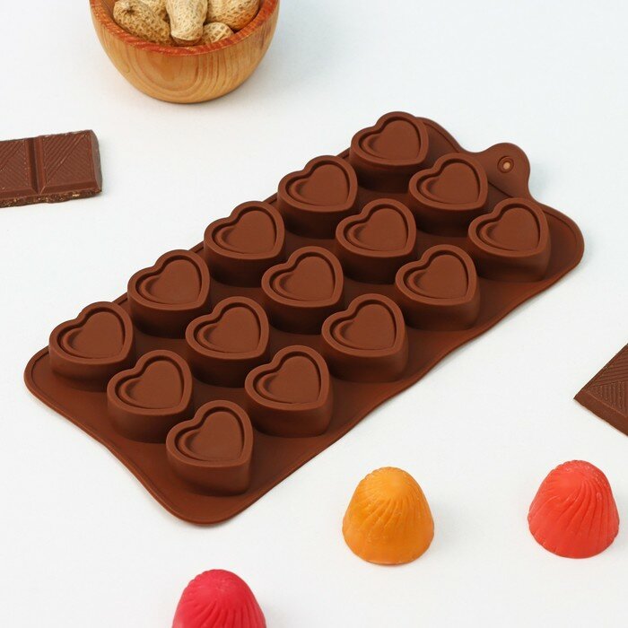 Доляна Форма для шоколада Доляна «Сердце», силикон, 21×10×1,5 см, 15 ячеек (2,9×2,7 см), цвет коричневый