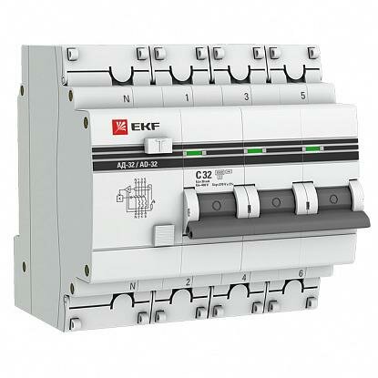 Автоматический выключатель дифференциального тока (дифавтомат) АД-32 3P+N 32А/30мА C, PROxima 4,5 кА под опломбировку DA32-32-30-4P-pro EKF