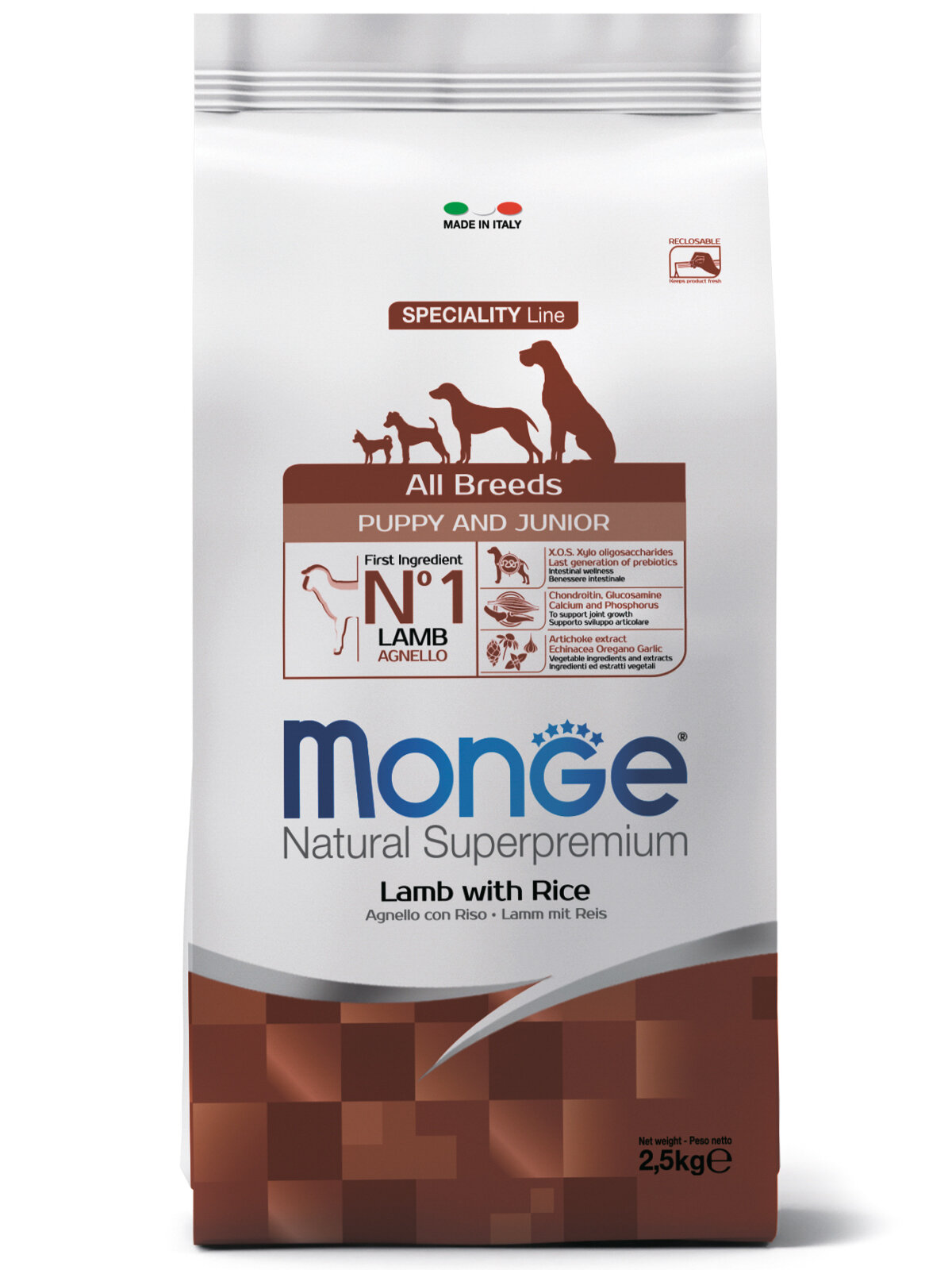 Сухой корм для щенков всех пород Monge Dog Speciality Line Puppy&Junior All Breeds из мяса ягнёнка и риса 2,5 кг.
