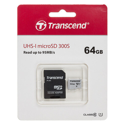 Карта памяти microSDXC UHS-I U1 Transcend 64 ГБ, 100 МБ/с, Class 10, TS64GUSD300S-A, 1 шт., переходник SD