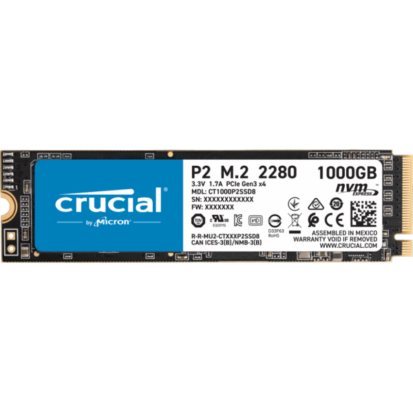 Накопитель SSD Crucial P2 1000GB, M.2 (2280), PCIe Gen 3.0, NVMe, R2400/W1800, 450 TBW