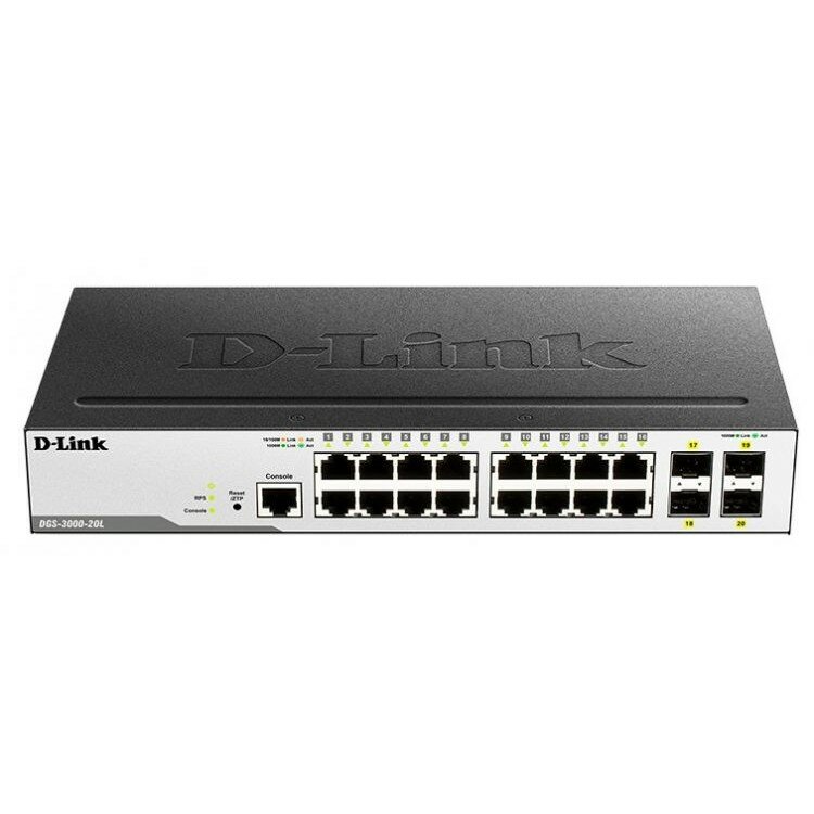 D-Link DGS-3000-20L B1A Управляемый коммутатор 2 уровня с 16 портами 10 100 1000Base-T и 4 портами 1000Base-X SFP