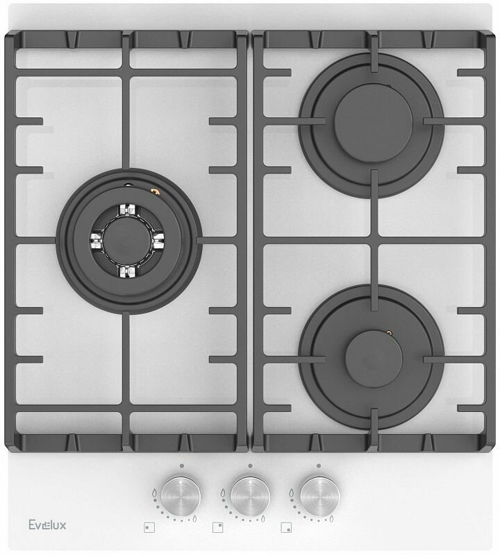 Газовая варочная панель Evelux HEG 450 WG, закаленное стекло, элетроподжиг, 3 конфорки, газ-контроль, чугунные держатели для посуды, WOK-конфорка, 45 см