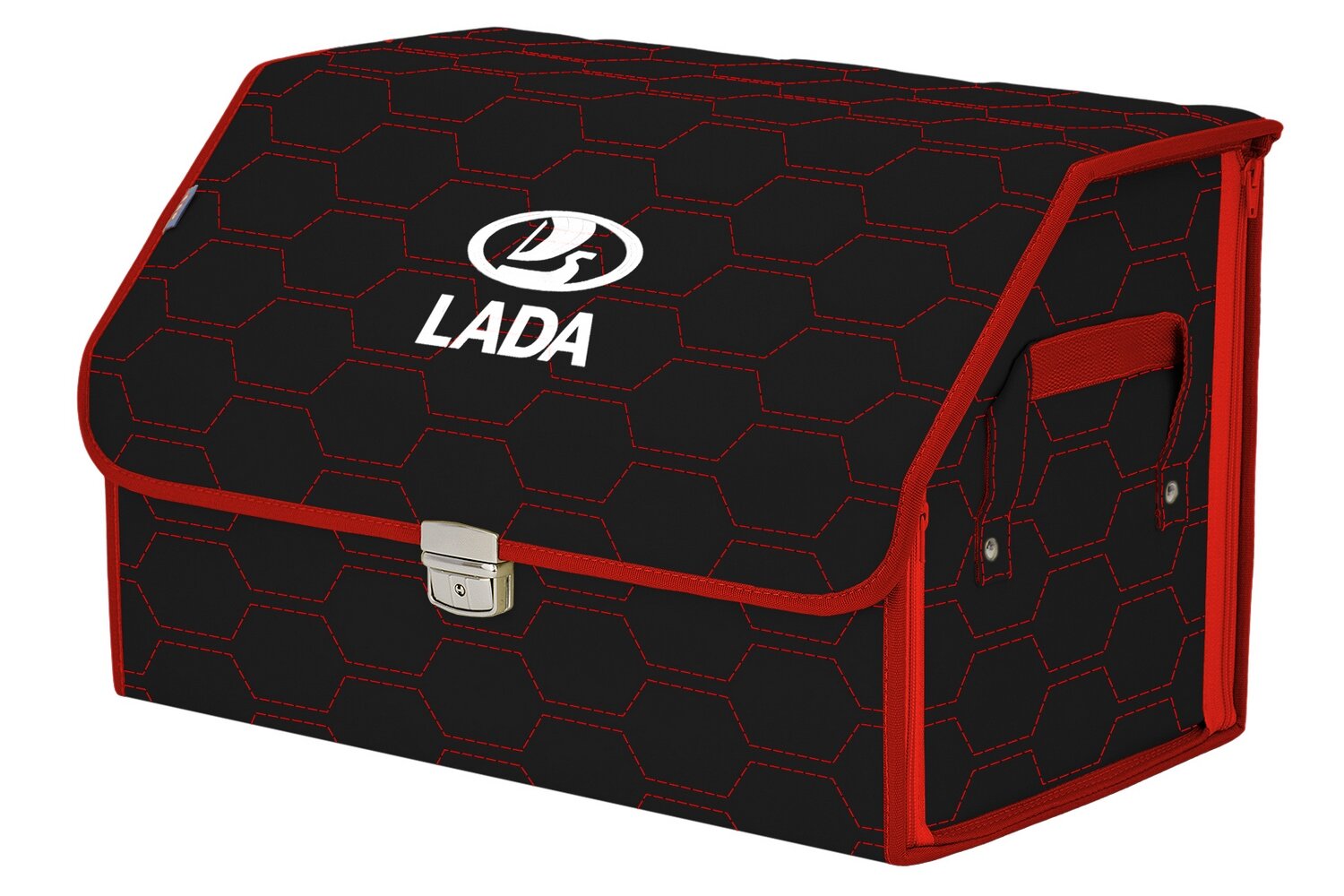 Органайзер-саквояж в багажник "Союз Премиум" (размер L). Цвет: черный с красной прострочкой Соты и вышивкой LADA (лада).