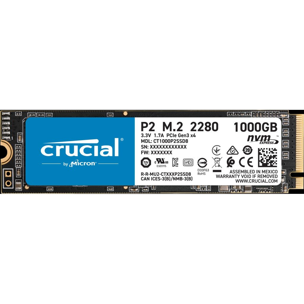 Crucial SSD 1000GB P2 M.2 NVMe PCIEx4 80mm Micron 3D NAND 2300 1150 MB s CT1000P2SSD8