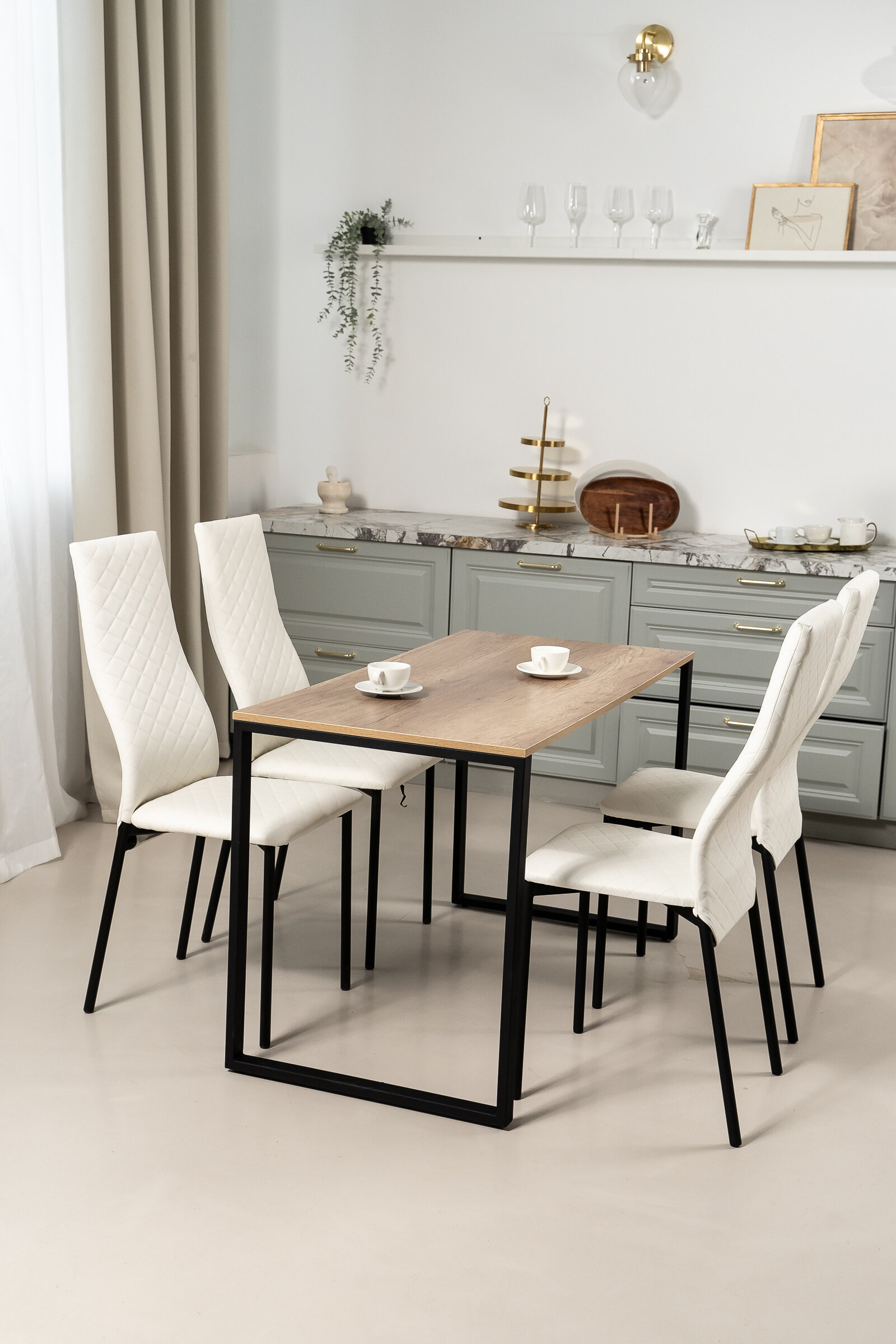 Обеденная группа Стол и 4 стула, стол «дуб Каньон» 120х60х75, стулья Белые, искусственная кожа 4 шт.
