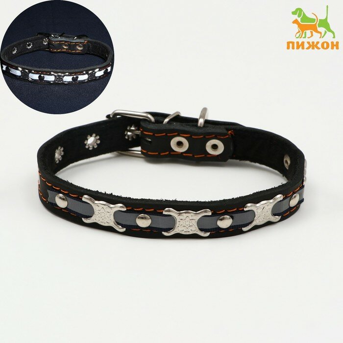 фото Пижон Ошейник кожаный светоотражающий на синтепоне бабочка, 45 х 2 см, ОШ 25-35 см, чёрный