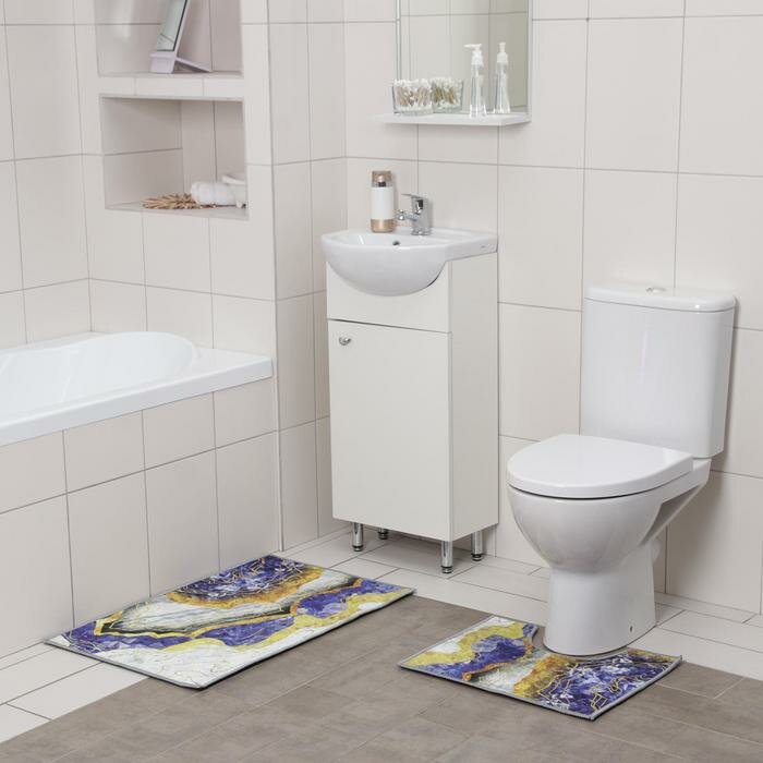 Доляна Набор ковриков для ванной и туалета Доляна «Агат», 2 шт: 50×80, 50×40 см, цвет сине-жёлтый - фотография № 1