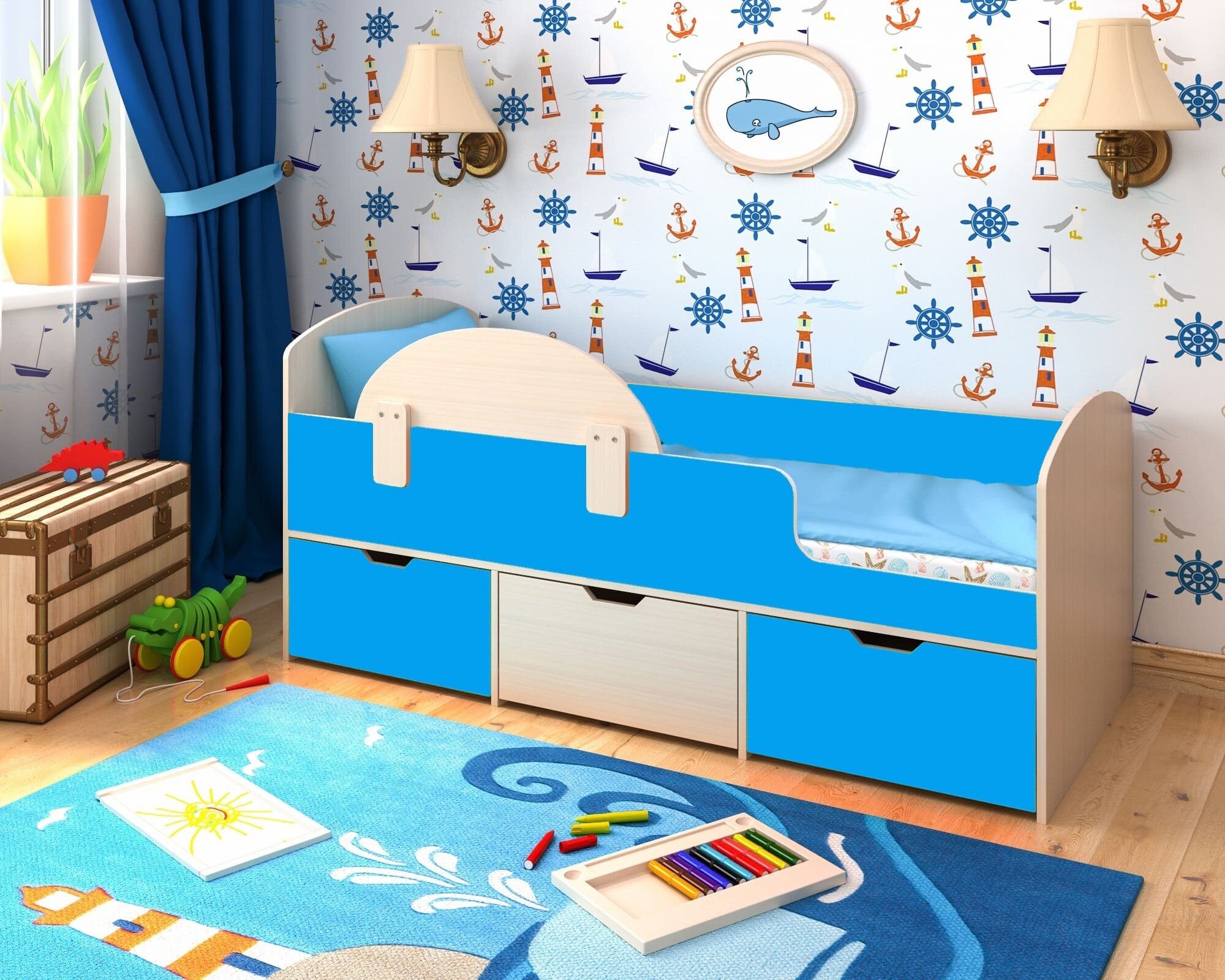 Кровать чердак Малыш Мини 1600х707, дуб молочный/голубой