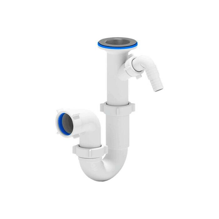 фото Сифон для умывальника/мойки трубный 1 1/2"x40 с отводом (штуцером) литой выпуск с нержавеющей решёткой D=70мм АНИ Пласт D2000