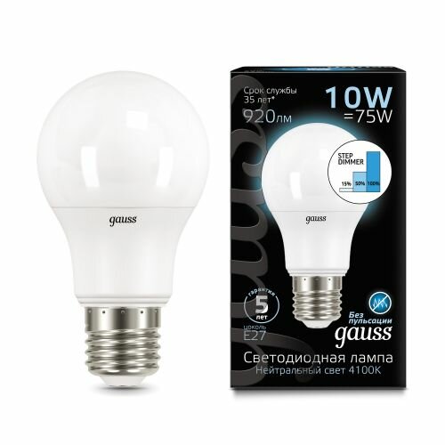 Светодиодная лампа GAUSS LED A60 10W E27 4100K step dimmable (пошаговое диммирование)