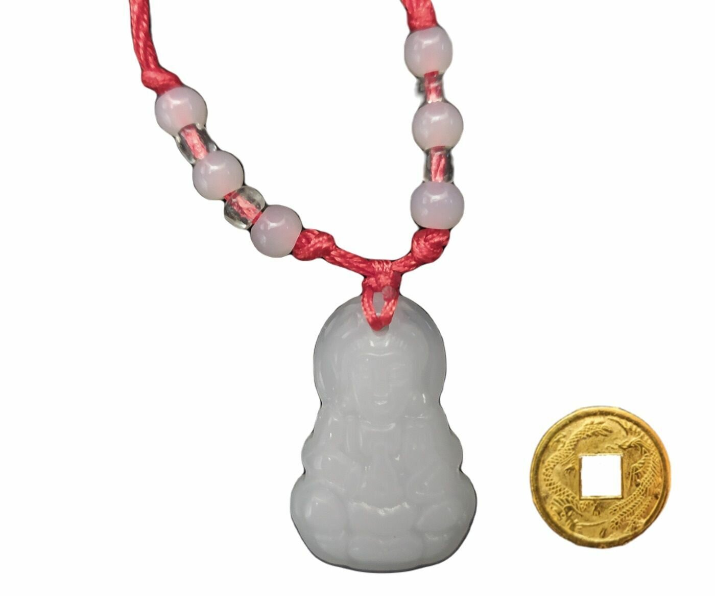 Амулет Будда (белый) с красной нитью + монета "Денежный талисман"
