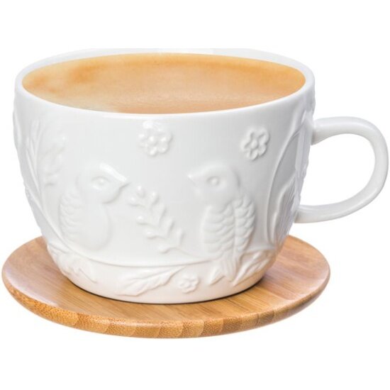 Чашка для капучино и кофе латте Elan Gallery "Птички на ветке" с деревянной крышкой-подставкой, 500мл
