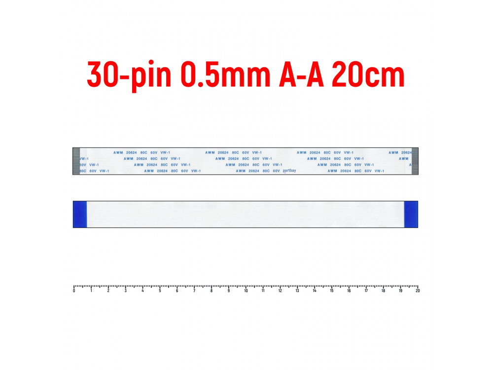 Шлейф FFC 30-pin Шаг 0.5mm Длина 20cm Прямой A-A AWM 20624 80C 60V VW-1