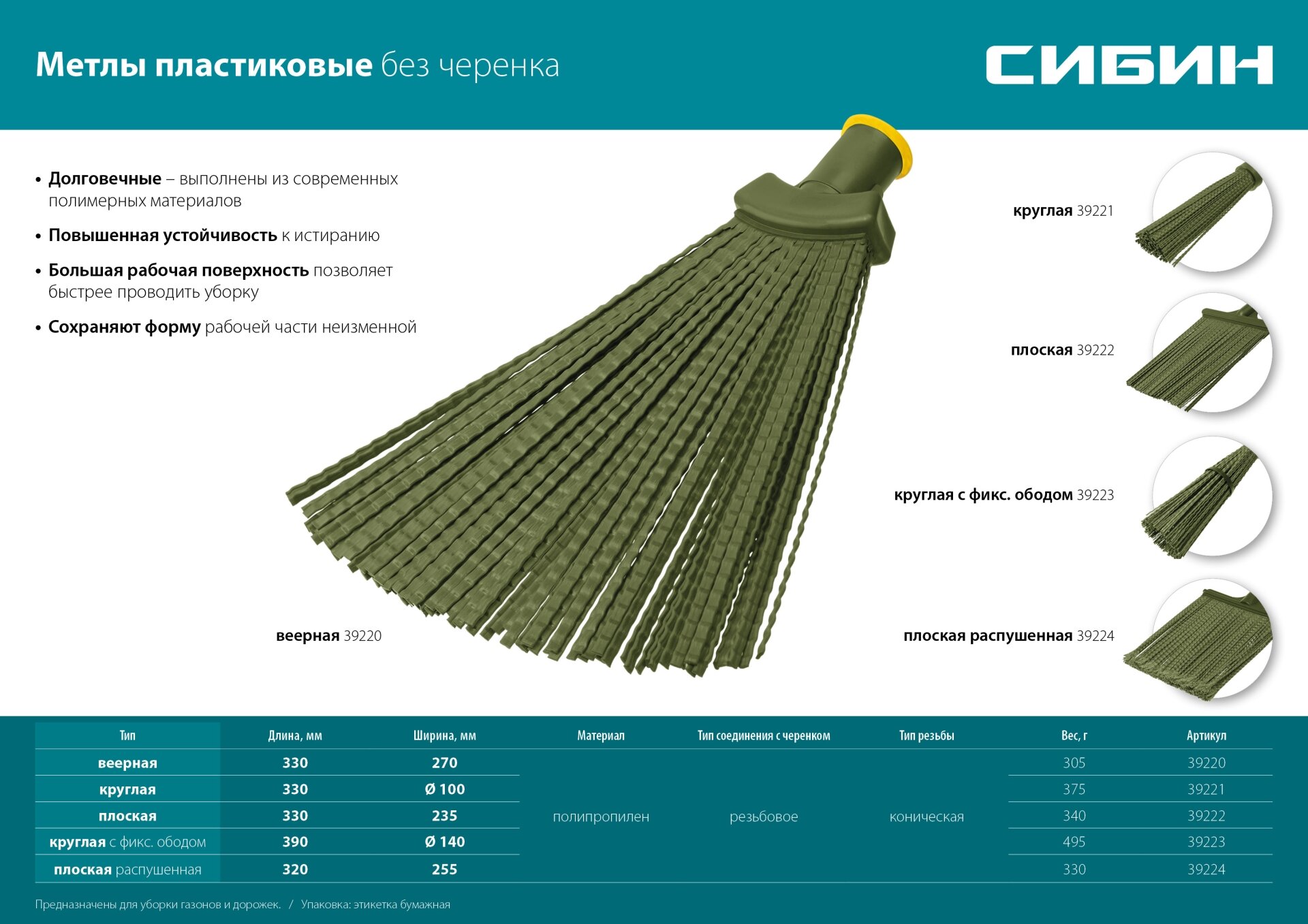 СИБИН 380х240мм, плоская веерная, полипропилен, коническое резьбовое соединение, пластиковая метла (39220) - фотография № 4