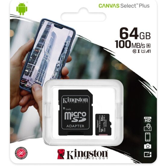 Карта памяти KINGSTON micro SDXC 64Gb Canvas Select Plus UHS-I U1 A1 + ADP (100/10 Mb/s)