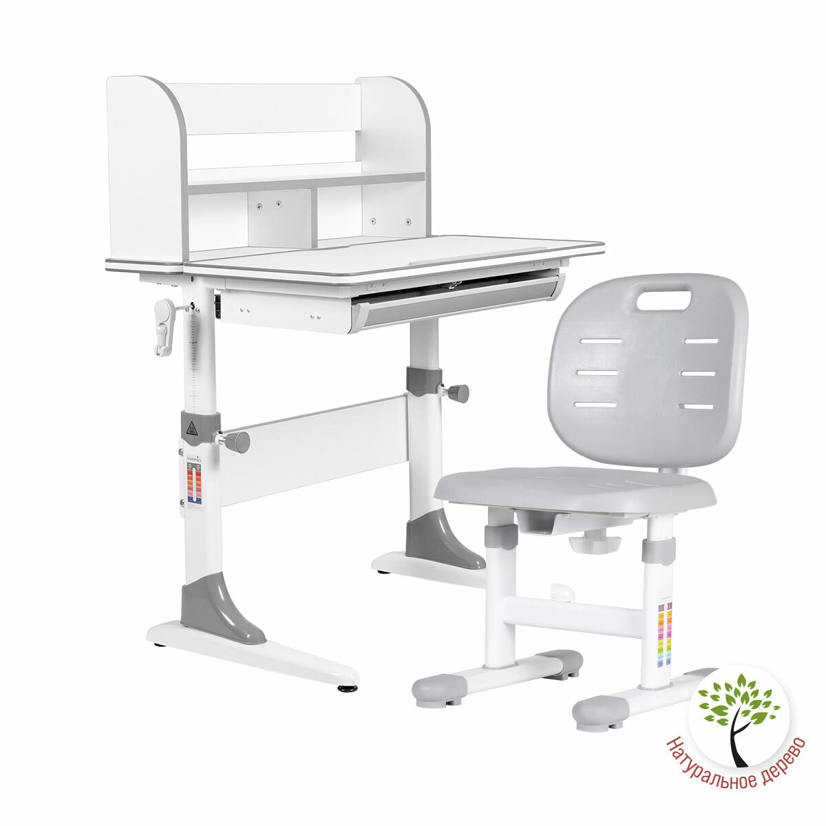 Комплект Anatomica Smart-10 Plus парта + стул + надстройка + выдвижной ящик белый/серый с серым стулом Lux-02