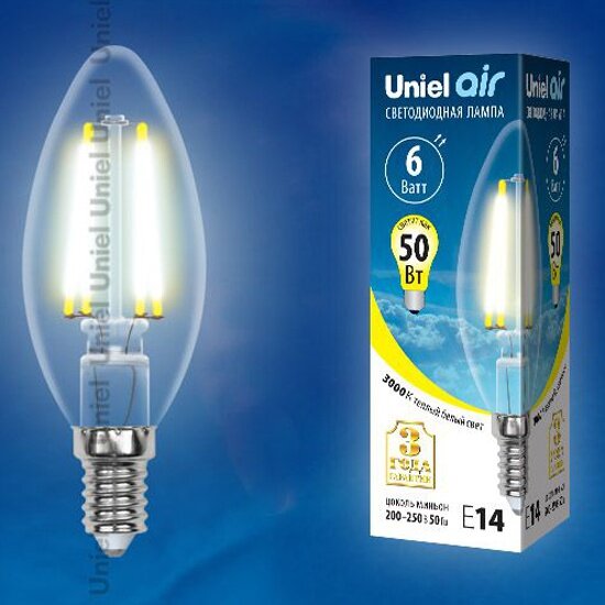 Светодиодная лампа Uniel LED-C35-6W/WW/E14/CL GLA01TR Форма "свеча", прозрачная. Серия Air. Теплый белый свет (3000K). Картон. ТМ