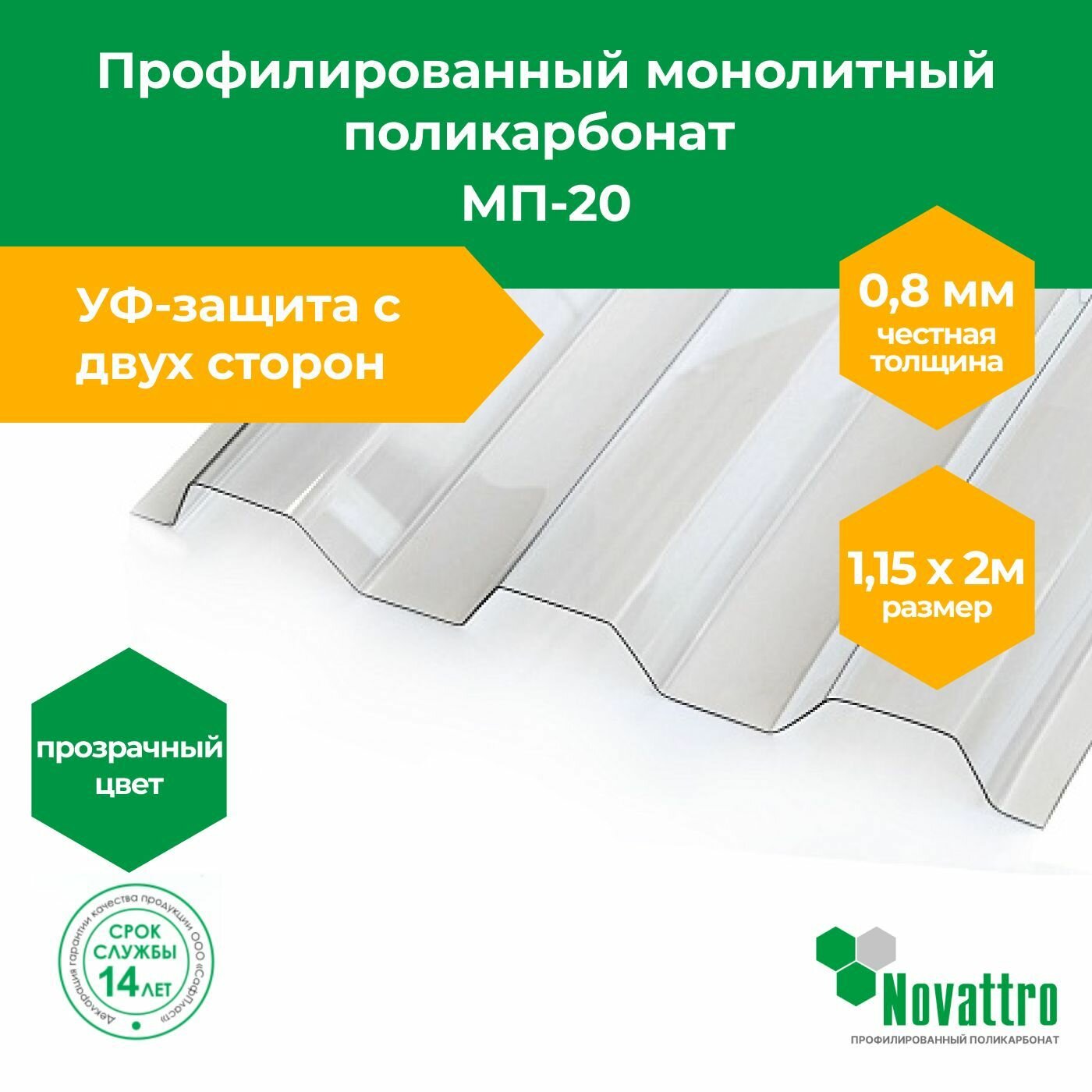 Профилированный поликарбонат МП-20 1,15х2,0 м, толщина 0,8 мм, цвет: Прозрачный - фотография № 1