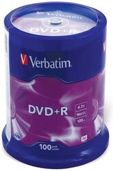 Диски DVD+R (плюс) VERBATIM 4,7 Gb 16x, комплект 100 шт., Cake Box, 43551