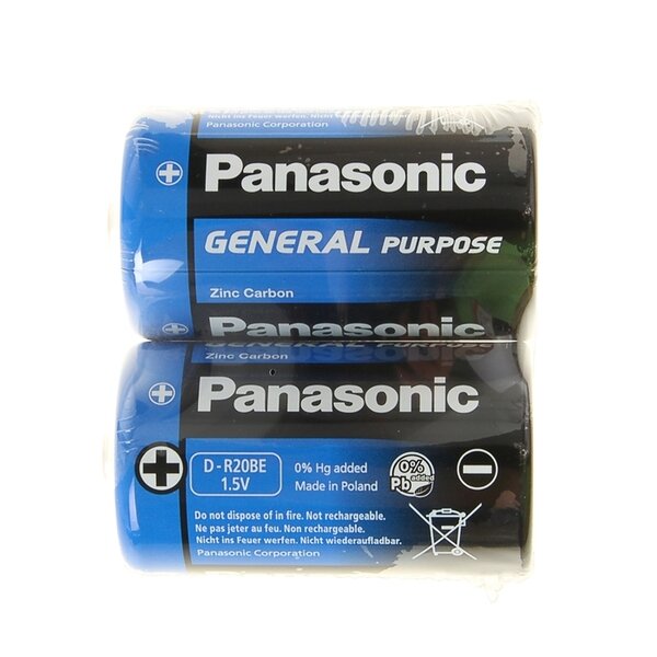 Батарейка солевая Panasonic General Purpose, D, R20-2S, 1.5В, спайка, 2 шт. Panasonic 1035280