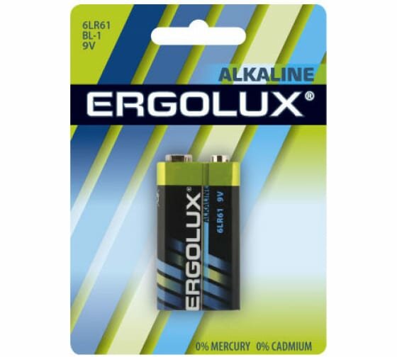 Ergolux (6LR61 Bl-1) 9V, щелочной (alkaline), типа "Крона" (1 шт.)