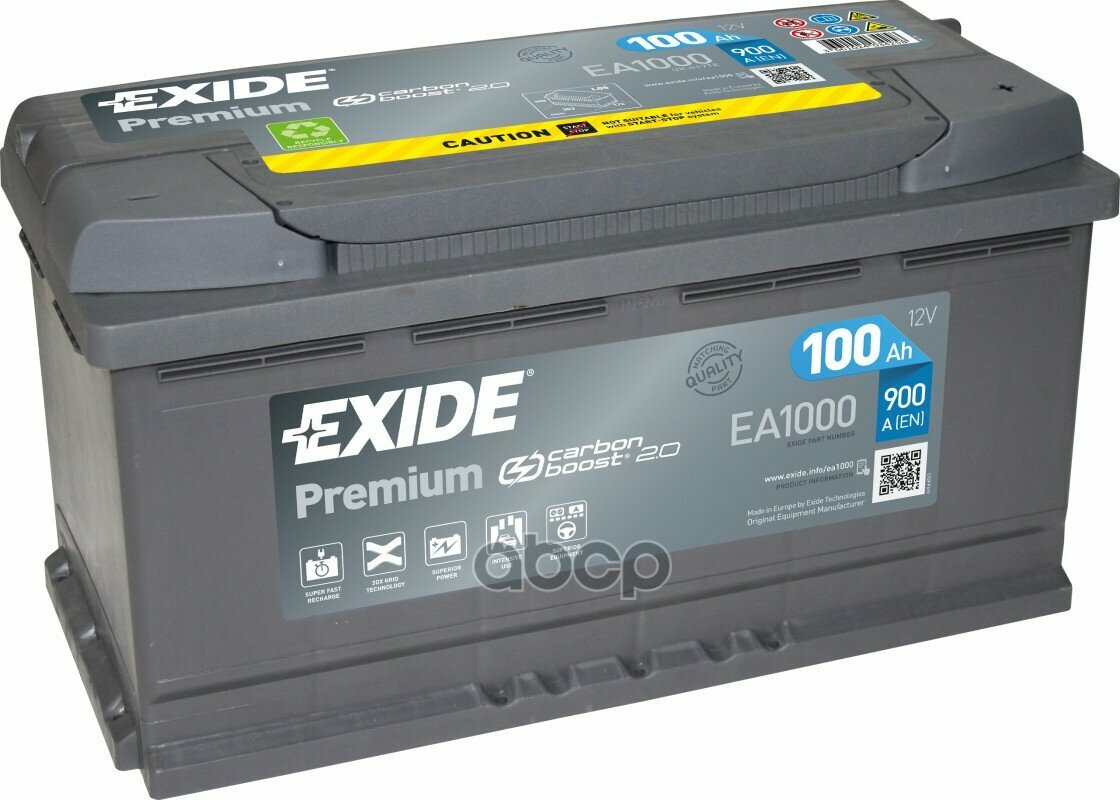 Exide Ea1000 Premium_аккумуляторная Батарея! 19.5/17.9 Евро 100Ah 900A 353/175/190 Carbon Boost EXIDE арт. EA1000
