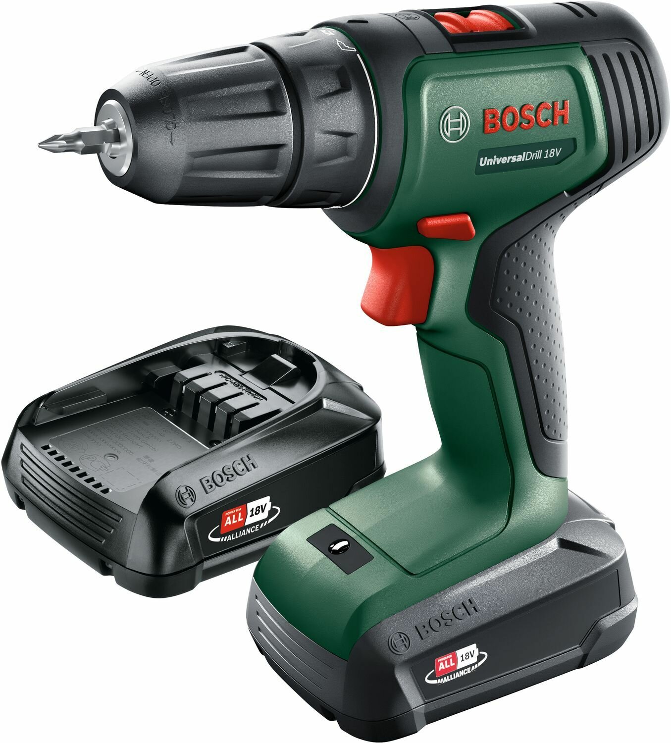 Дрель-шуруповерт BOSCH UniversalDrill 18V, 1.5Ач, с двумя аккумуляторами [06039d4002] - фото №1