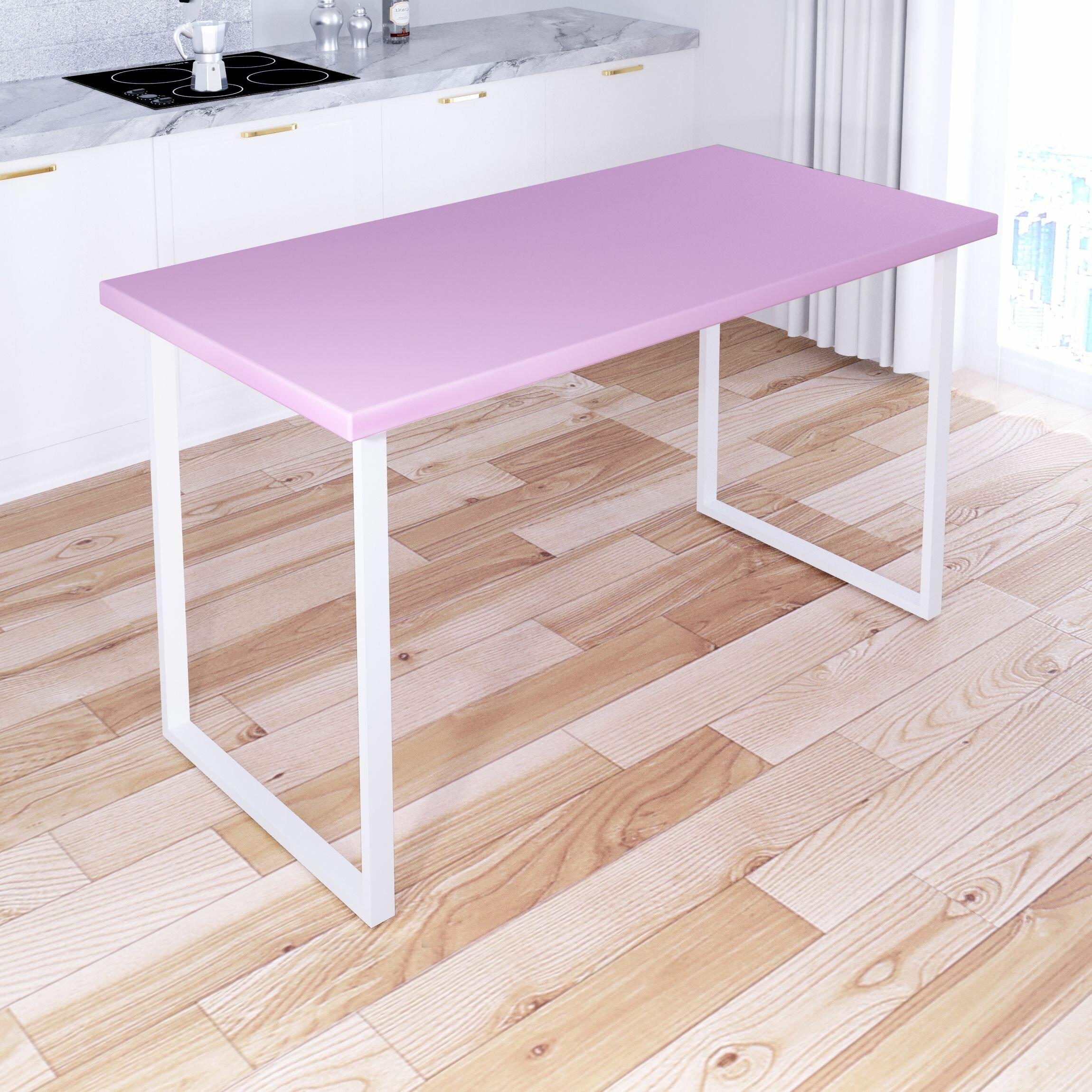 Стол кухонный Loft с розовой столешницей из массива сосны 40 мм и белыми металлическими ножками, 130х60х75 см - фотография № 2
