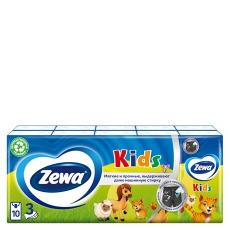 Платочки бумажные носовые Zewa Kids 3 слоя, 10 x 10 шт - фотография № 1
