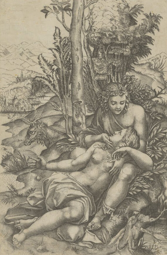 Репродукция на холсте Медор и Анжелика из «Орландо Фуриозо» Лодовико Ариосто или «Венера и Адонис» в окружении пейзажа Романо Джулио 50см. x 76см.