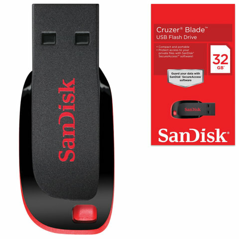 Флеш-диск 32 GB, комплект 2 шт., SANDISK Cruzer Blade, USB 2.0, черный/красный, SDCZ50-032G-B35