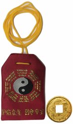 Буддийский мешочек Инь-Ян 7х5см красный + монета Денежный талисман