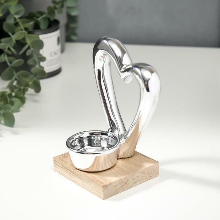 Сувенир керамика, дерево подсвечник "Серебряное сердце" 13,5х8х9,4 см - фотография № 2