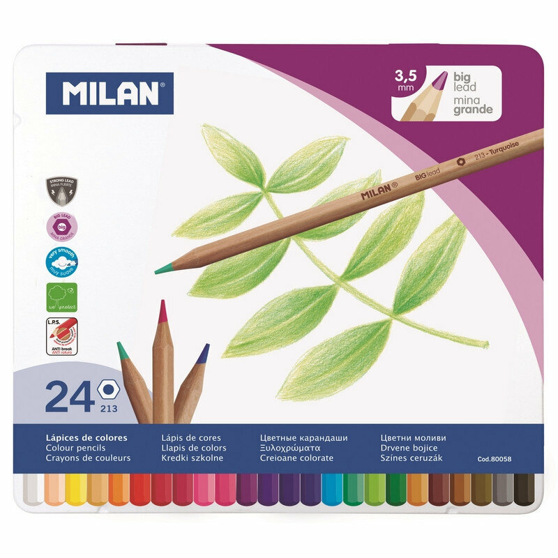 Карандаши цветные Milan, 24 цв., 6-гран., в металл. упак., 80058, 1035355