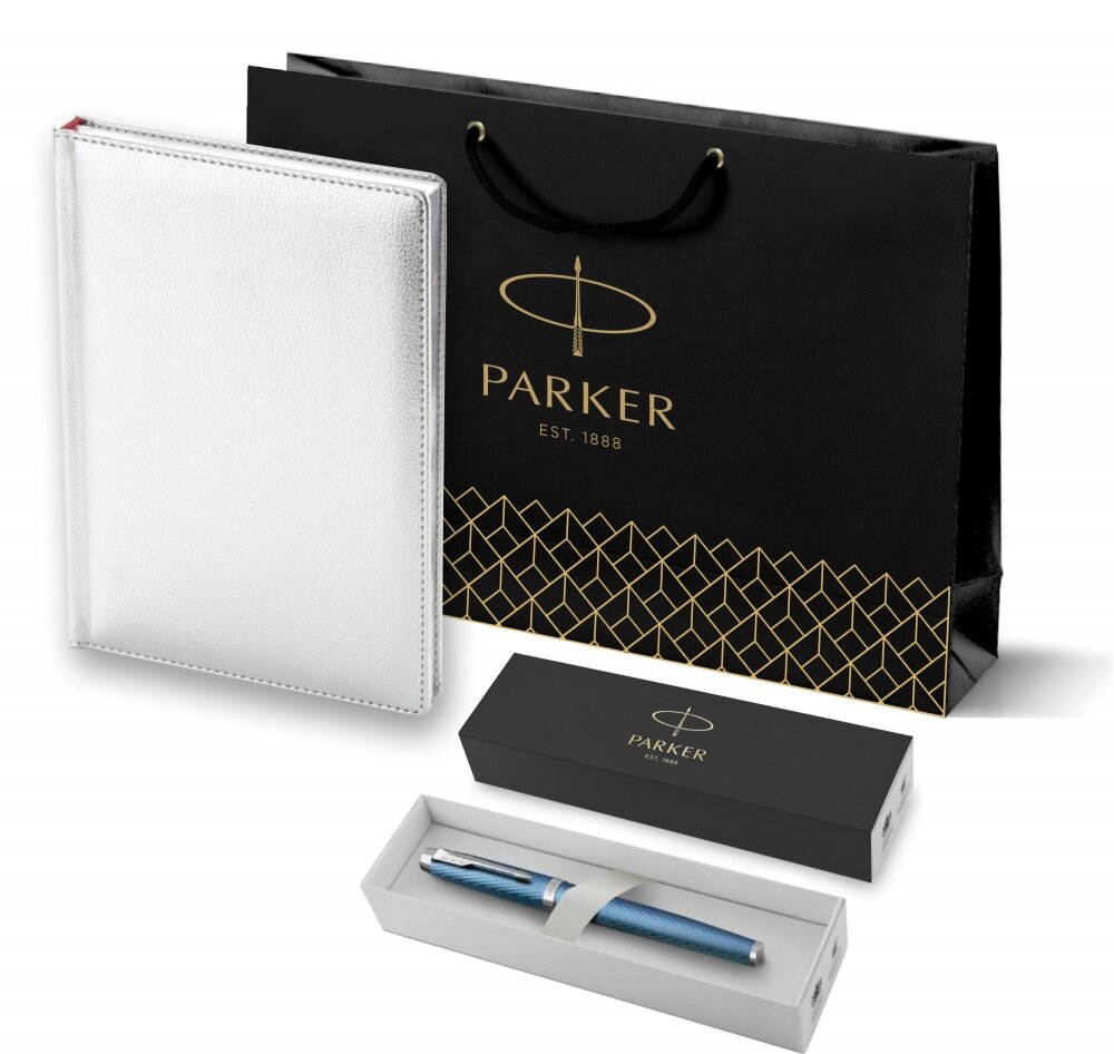 Подарочный набор: Ручка роллер Parker IM Premium T318 Blue Grey CT, цвет чернил черный и ежедневник серебристого цвета
