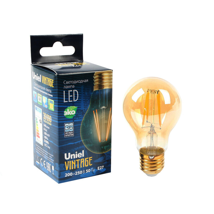 фото Лампа светодиодная Uniel Vintage, A60, А, E27, 6 Вт, 230 В, золотистая колба