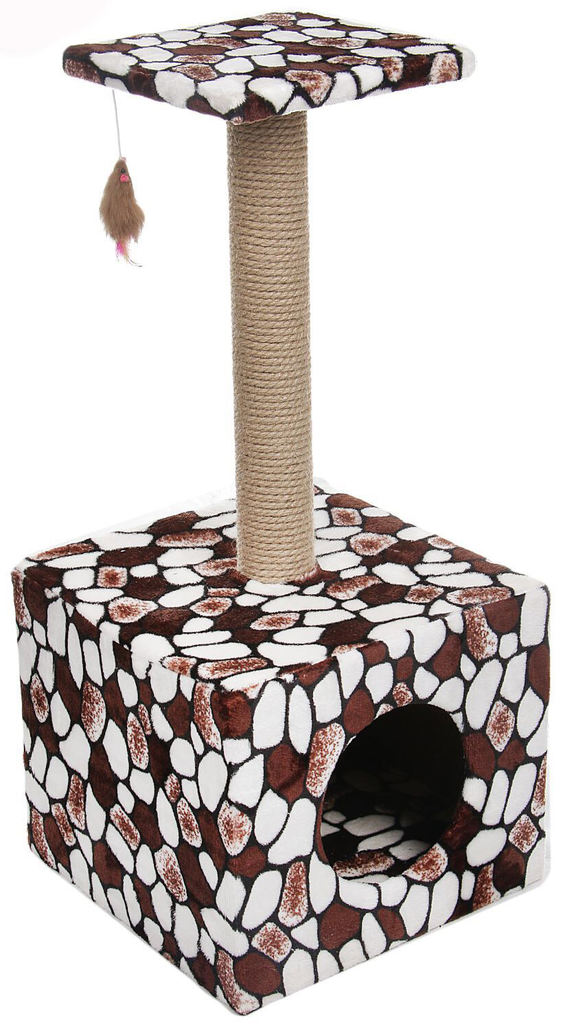 PerseiLine когтеточка-столбик "Куб", с площадкой и игрушкой, джут, 35х30х85 см
