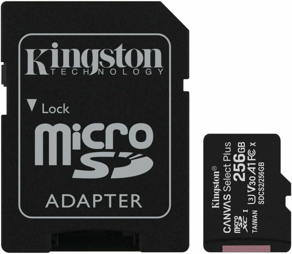 Карта памяти 256Gb MicroSD Kingston Canvas Select Plus Class 10 + SD адаптер (SDCS2/256GB)