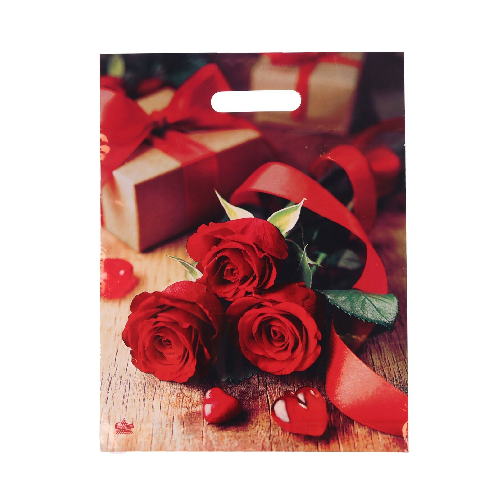 Пакет "Три красные розы" полиэтиленовый с вырубной ручкой, 31х40 см, 60 мкм (50шт.)