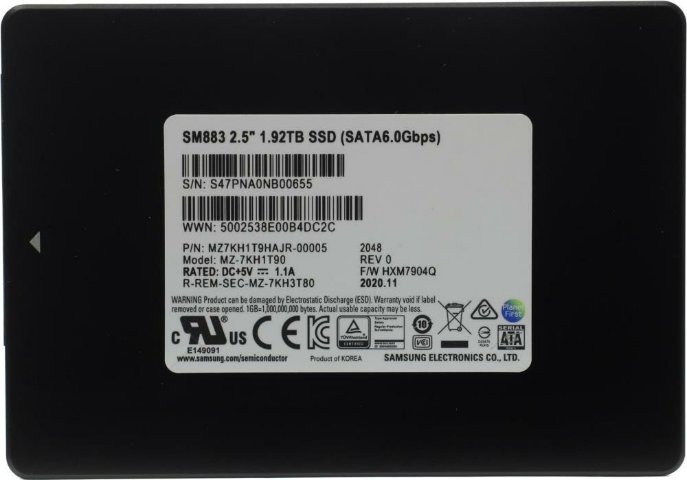 SSD жесткий диск SATA2.5" 1.92TB SM883 MZ7KH1T9HAJR-00005 SAMSUNG