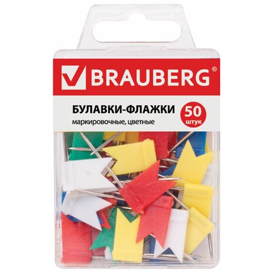 Булавки-флажки маркировочные BRAUBERG , цветные, 50 шт., пластиковая коробка, европодвес