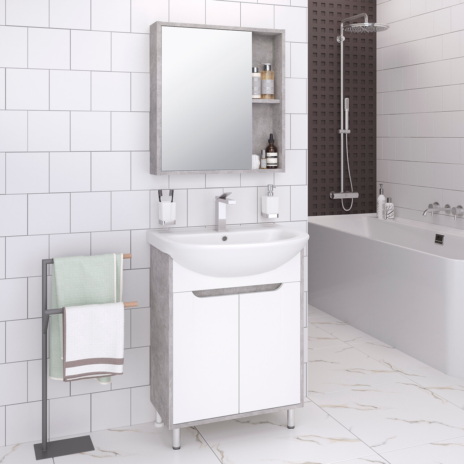 Мебель для ванной / Runo / Эко 50 / серый бетон / тумба с раковиной Уют 50 / шкаф для ванной / зеркало для ванной
