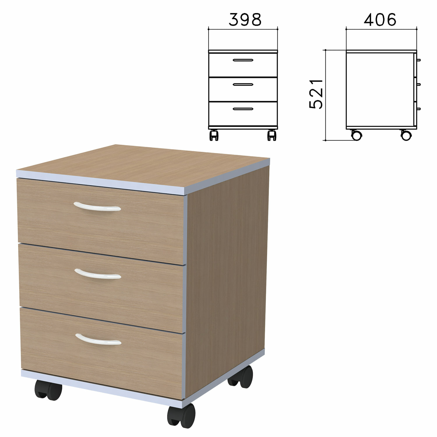 Тумба подкатная «Бюджет», 398×406×521 мм, 3 ящика, орех онтарио