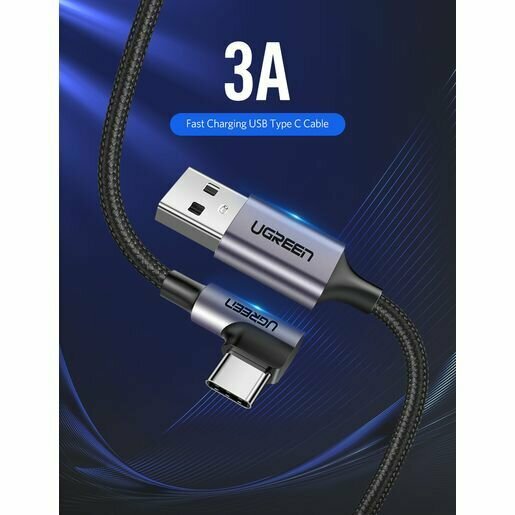 Кабель UGREEN 70255 USB-A/USB-C, угловой, 3м, black - фото №2