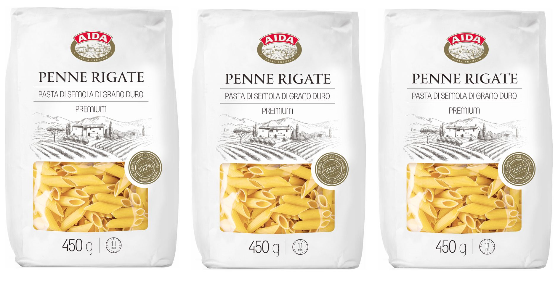 Перья Aida Penne Rigate, 450г 3 пачки